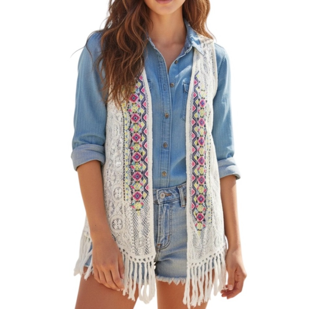 DAYTRIP Open Front CROCHET Ivory EMBROIDERED BOHO PRINT Fringe VEST KIMONO TOP M